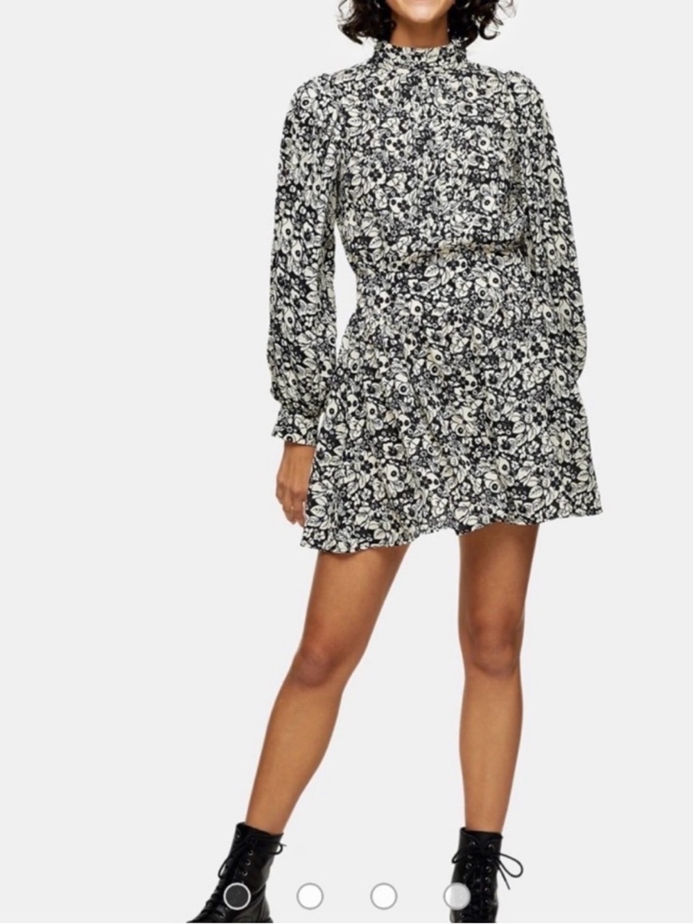 Topshop Black & Cream Floral Peasant Mini Dress with Long Balloon Sleeves- 10